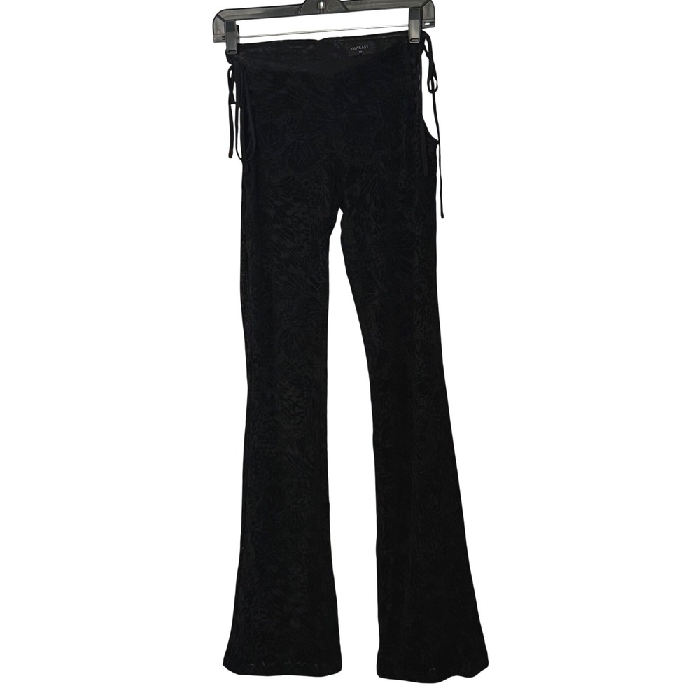 Outcast Sheer Flare Pants Lace Up Sides Black Butterfly Mesh Velvet - XSmall